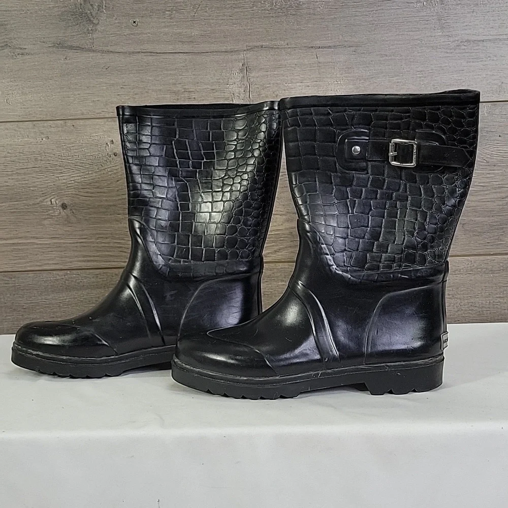 Womens Michael Kors Black Exotic Print Rain Boots Size 9